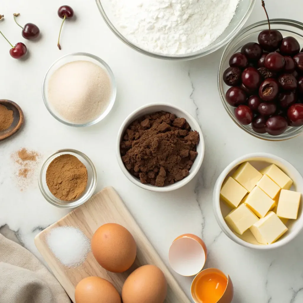Flat lay of flour, cocoa, sugar, eggs, cherries, and chocolate