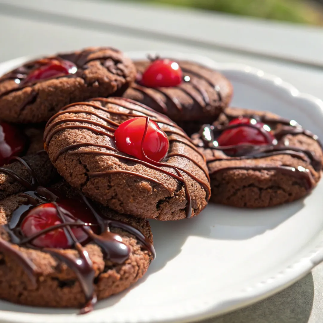 Plate of chocolate Black Forest Cookies with cherries