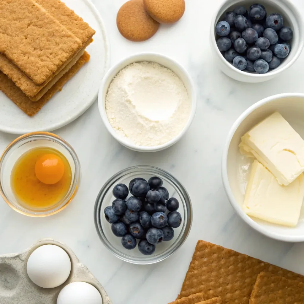 Flat lay of cream cheese, sugar, eggs, and blueberries