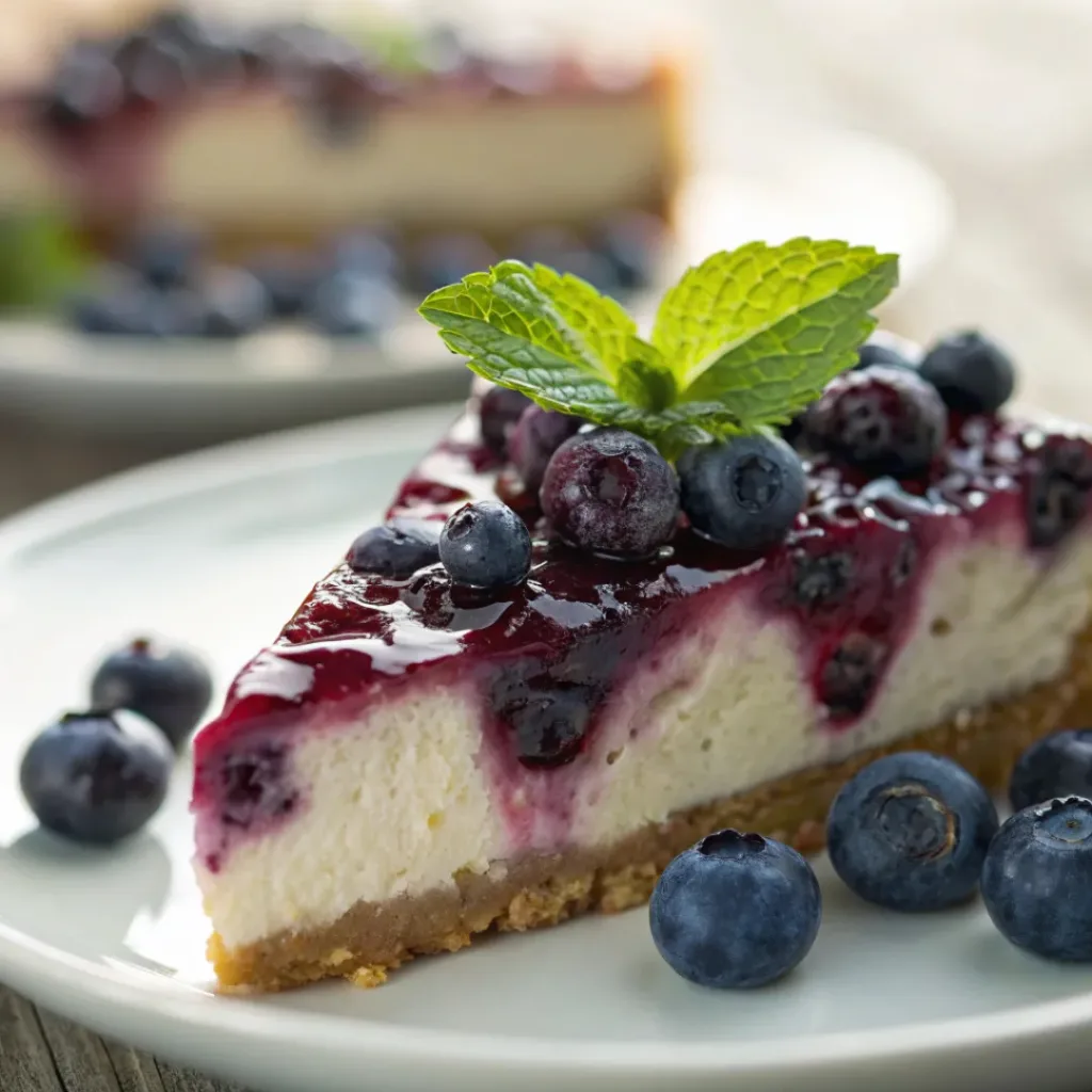 Blueberry cheesecake served with fresh berries