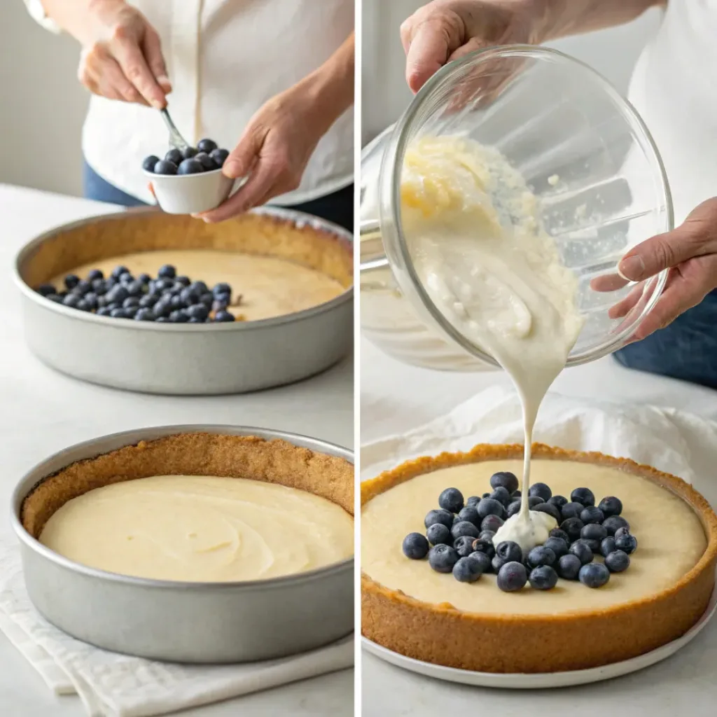 Collage showing steps to make Blueberry Cheesecake