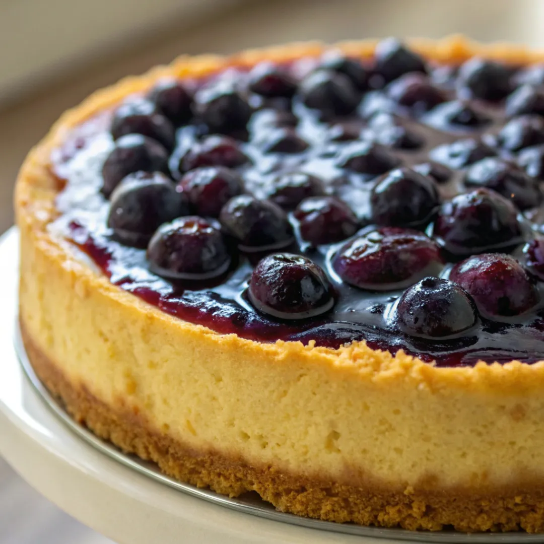 Sliced blueberry cheesecake on a plate