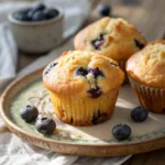 Soft blueberry muffins on a rustic plate