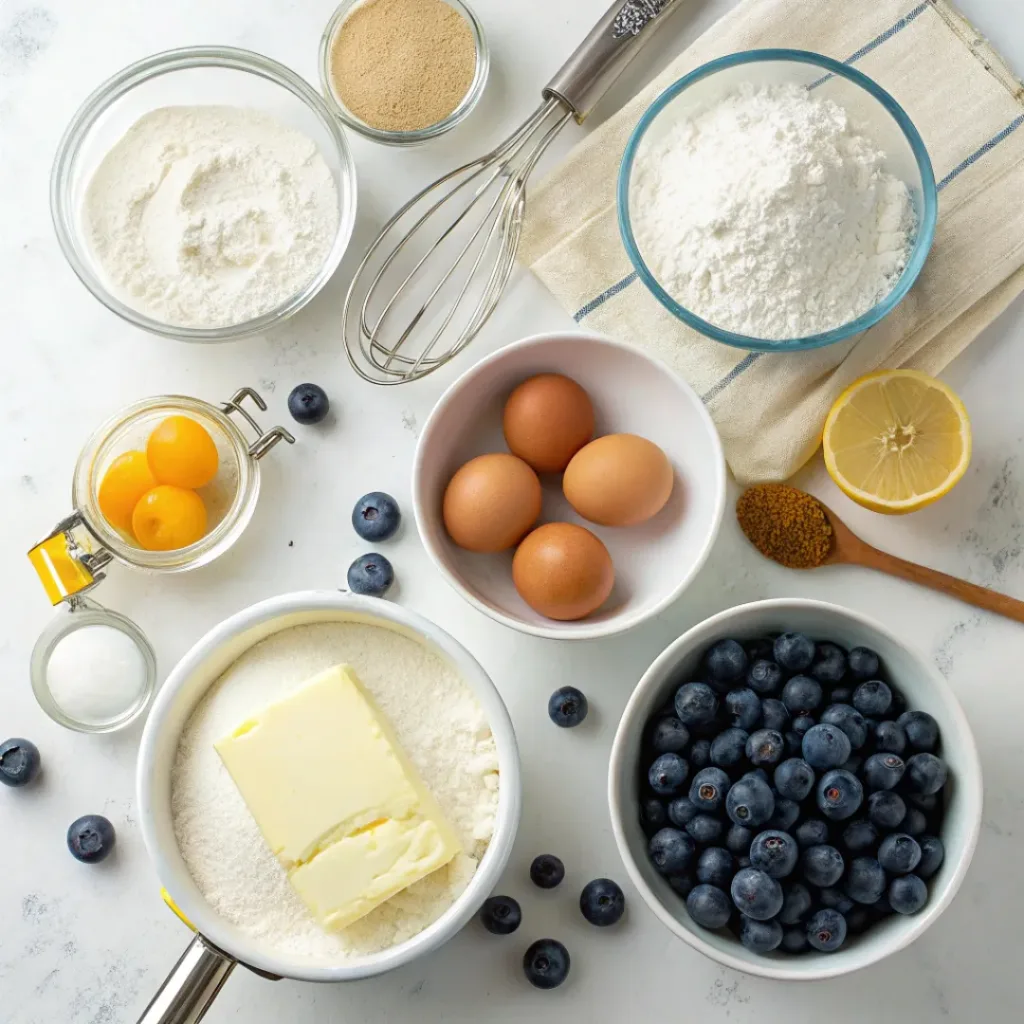 Flat lay of flour, sugar, butter, eggs, blueberries, and baking essentials