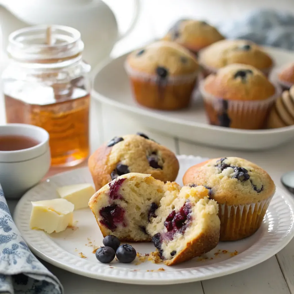 Blueberry muffins served with butter and tea