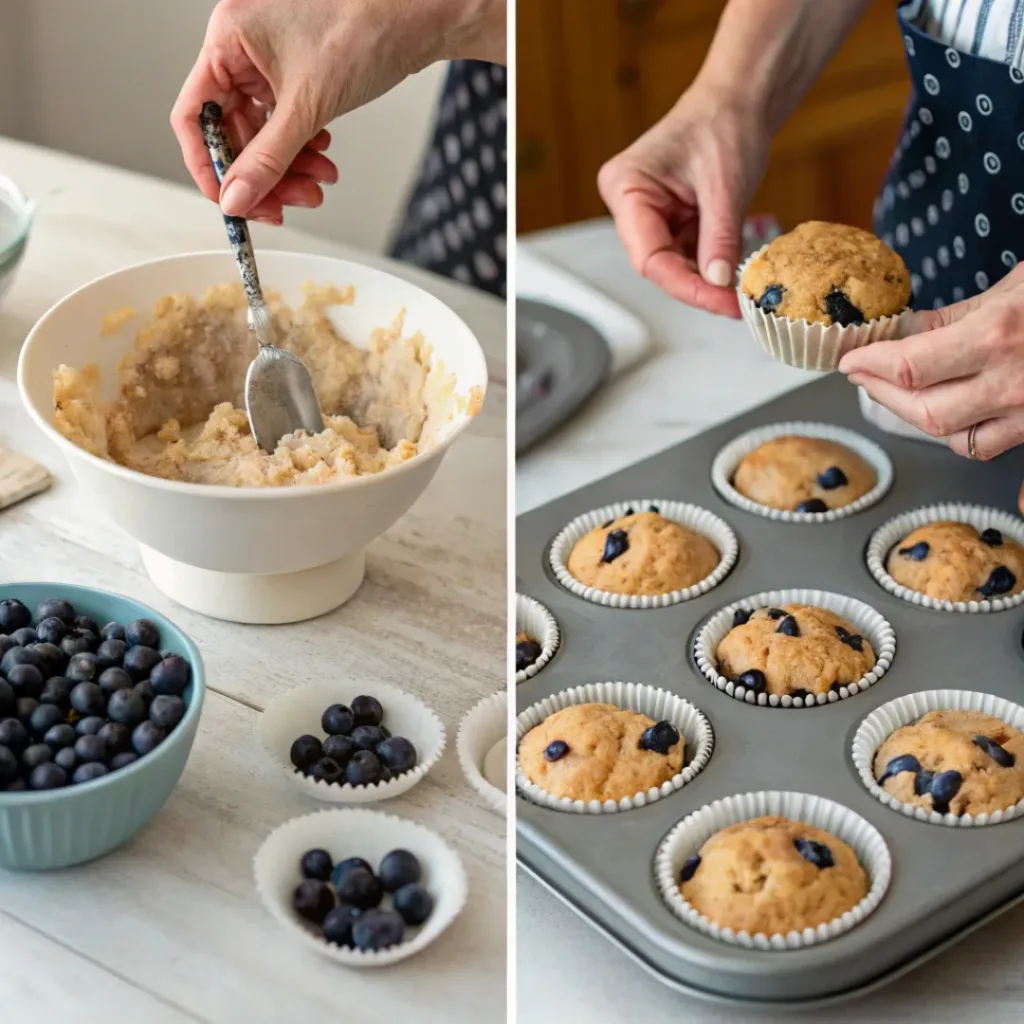 Collage showing steps to make blueberry muffins