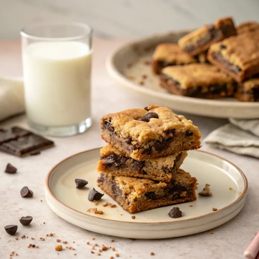 Brookies Bars – Ultimate Brownie Cookie Dessert 8 Stack of brookies served with a glass of milk