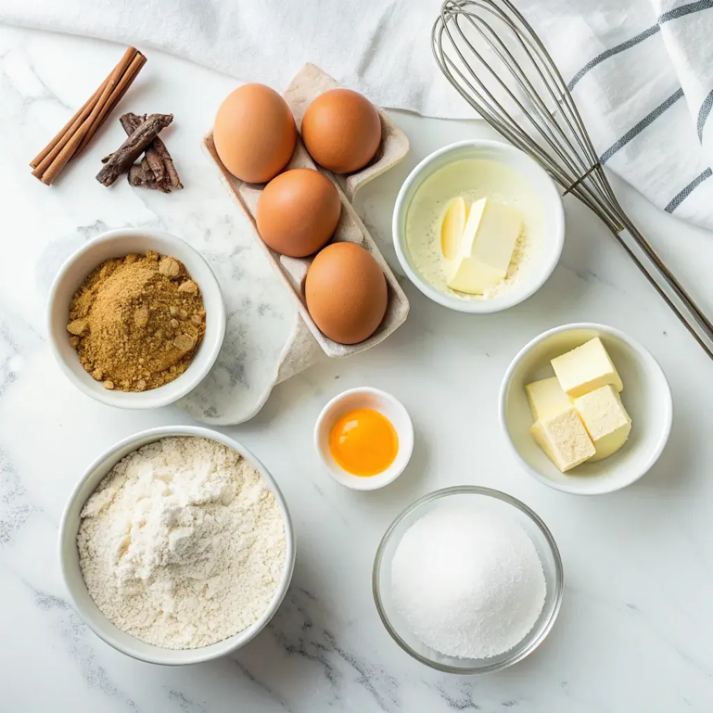 Flat lay of ingredients for brown sugar butter cookies including brown sugar, butter, eggs, flour, and vanilla