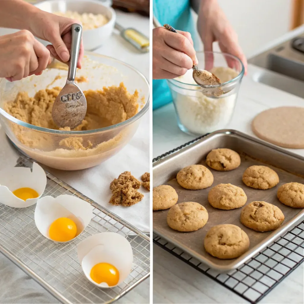 Collage showing steps to mix, scoop, and bake brown sugar butter cookies