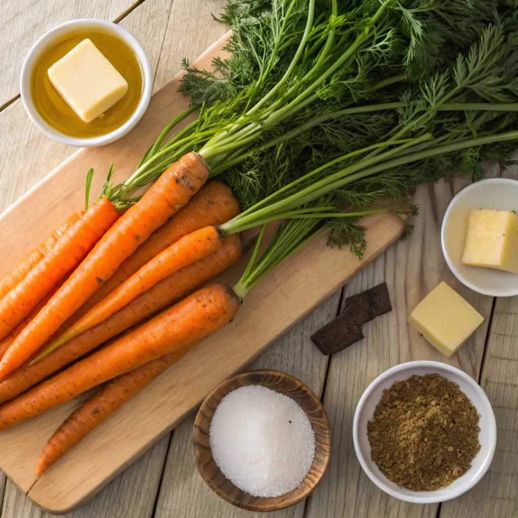 Easy Brown Sugar Roasted Carrots Recipe 6 Flat lay of fresh carrots, brown sugar, butter, and seasonings