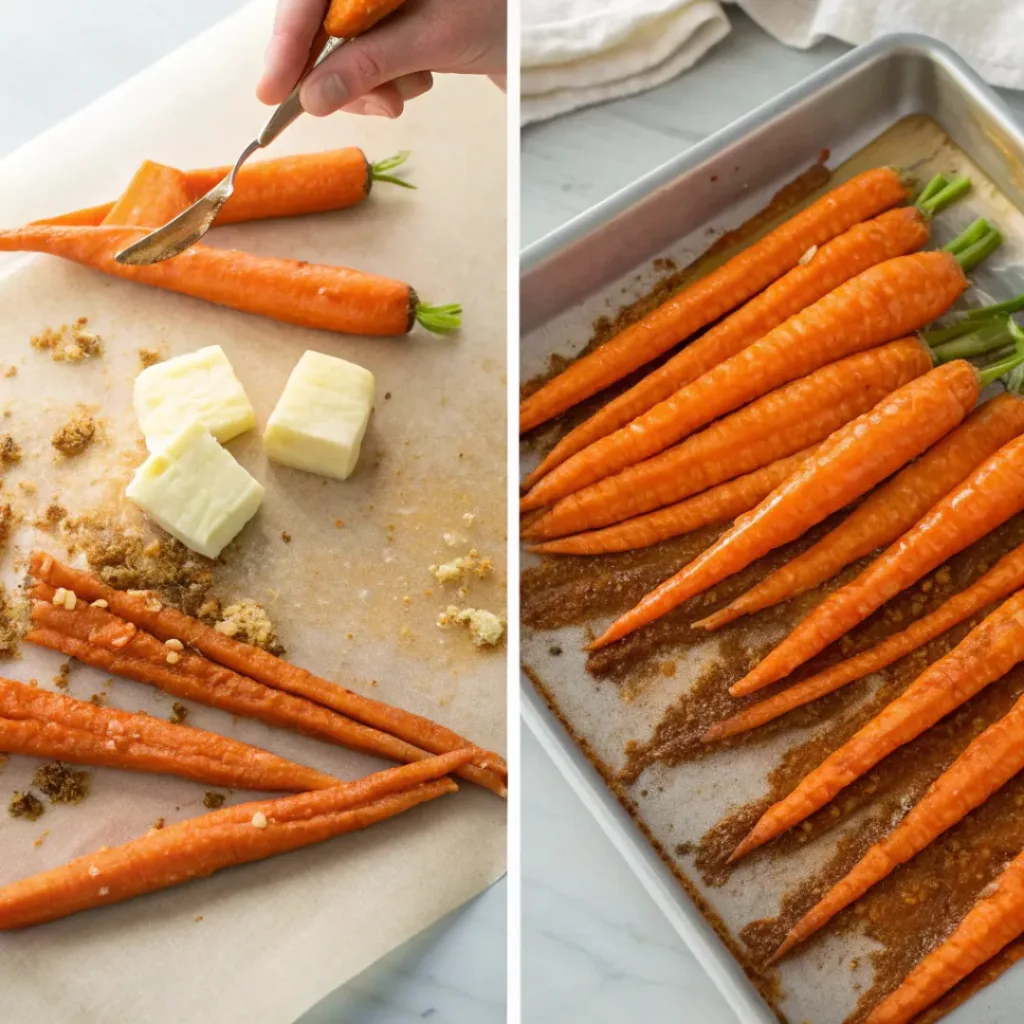 Easy Brown Sugar Roasted Carrots Recipe 7 Step-by-step collage showing preparation of brown sugar roasted carrots