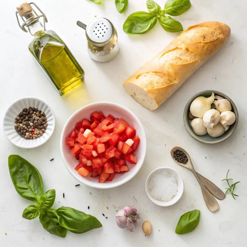 Bruschetta Dip – Fresh, Flavorful, and Easy to Make 6 Flat lay of ingredients for Bruschetta Dip including tomatoes, basil, garlic, olive oil, and bread