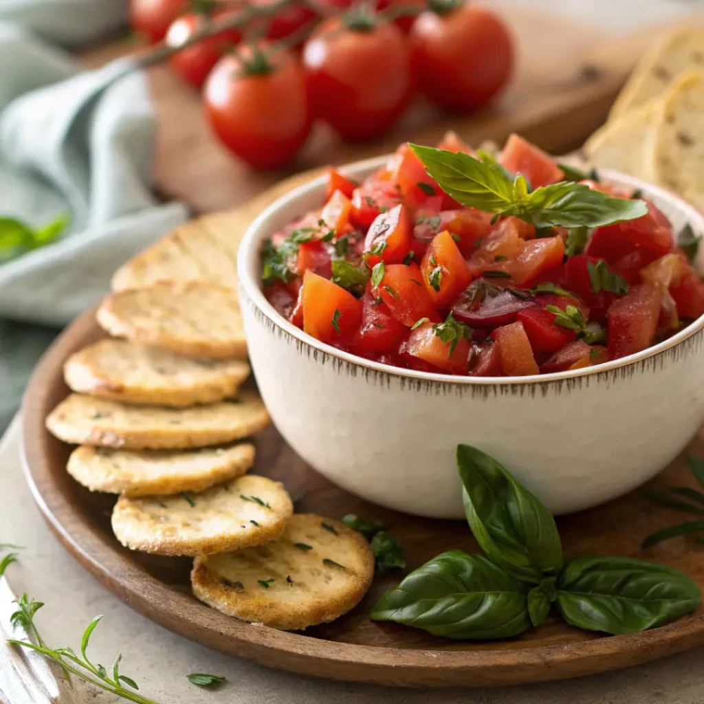 Bruschetta Dip – Fresh, Flavorful, and Easy to Make 8 Bowl of Bruschetta Dip served with toasted bread and crackers