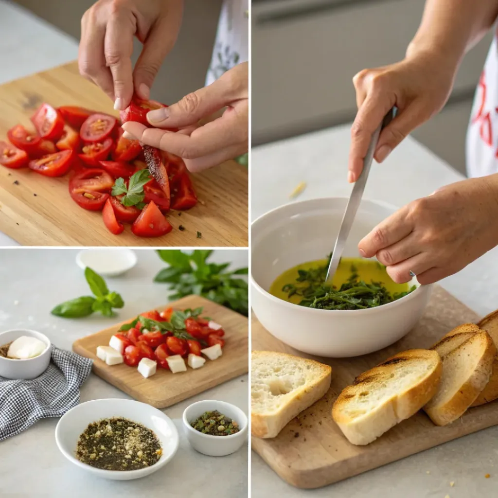 Bruschetta Dip – Fresh, Flavorful, and Easy to Make 7 Collage showing preparation steps for Bruschetta Dip