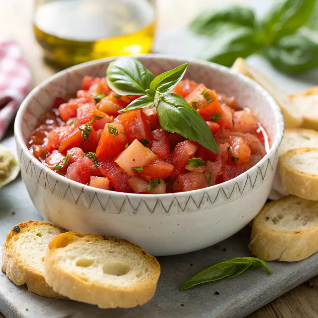 Bowl of fresh Bruschetta Dip garnished with basil