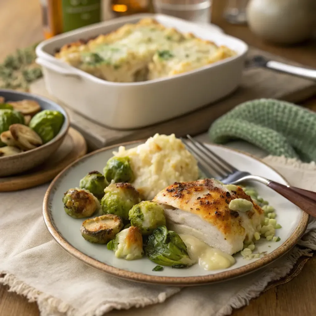 Creamy and Cheesy Brussels Sprout Casserole 8 Plate of Brussels sprout casserole with melted cheese and roasted sprouts