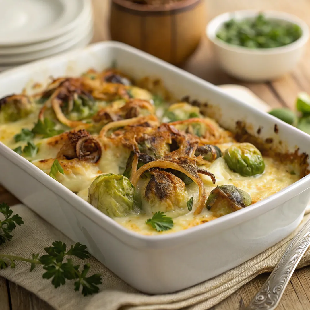 Creamy Brussels sprout casserole with melted cheese and crispy topping