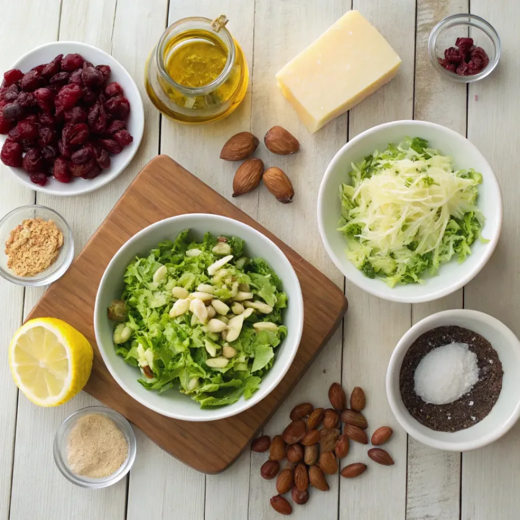 Easy Shaved Brussels Sprout Salad Recipe 6 Flat lay of shaved Brussels sprouts, nuts, cranberries, parmesan, and lemon vinaigrette ingredients