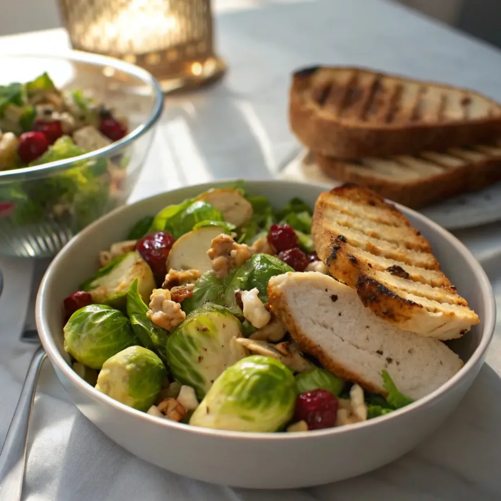 Easy Shaved Brussels Sprout Salad Recipe 8 Brussels sprout salad with cranberries and nuts served with grilled chicken