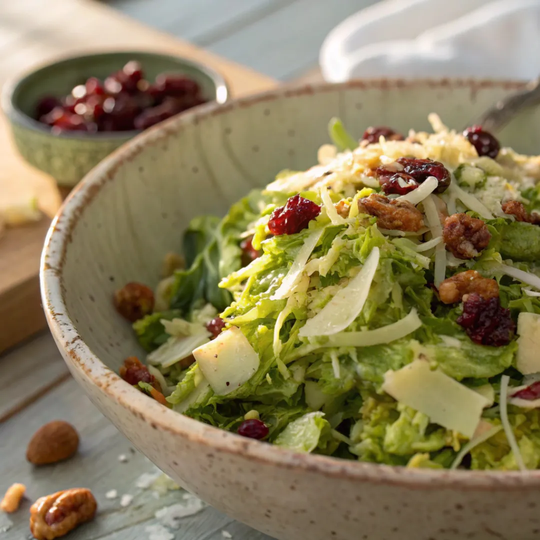 Fresh Brussels sprout salad with cranberries, nuts, and lemon vinaigrette