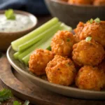 Crispy Buffalo Blitz Bites coated in buffalo sauce on a serving plate