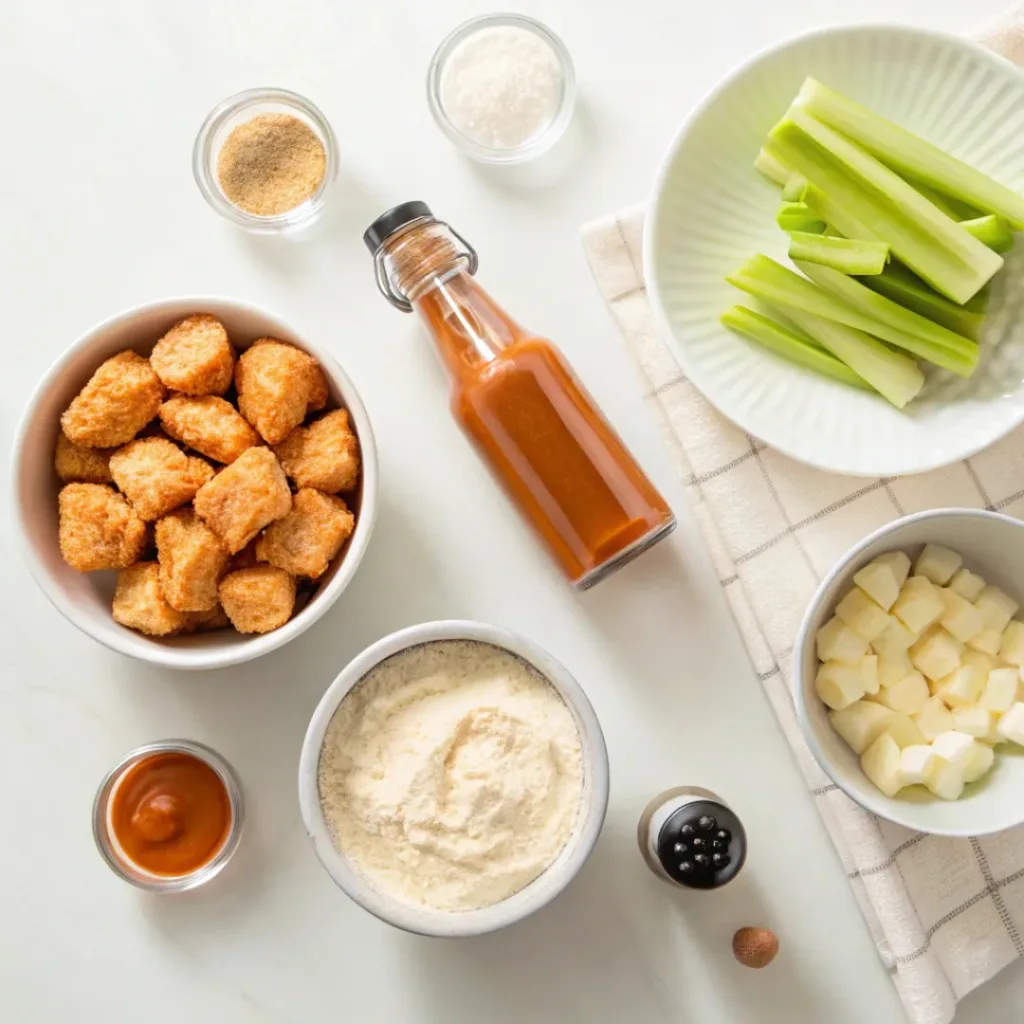 Flat lay of ingredients for Buffalo Blitz Bites including chicken bites, buffalo sauce, flour, and spices