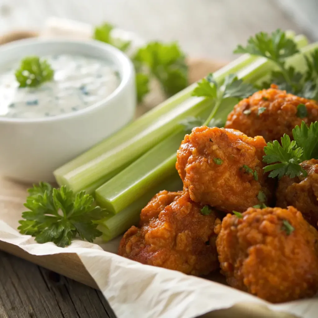 Plated Buffalo Blitz Bites served with celery sticks and dipping sauce