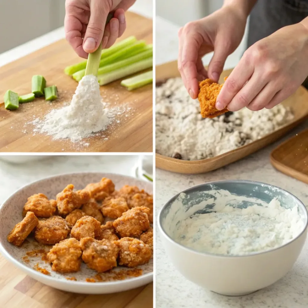 Collage showing cooking steps for Buffalo Blitz Bites