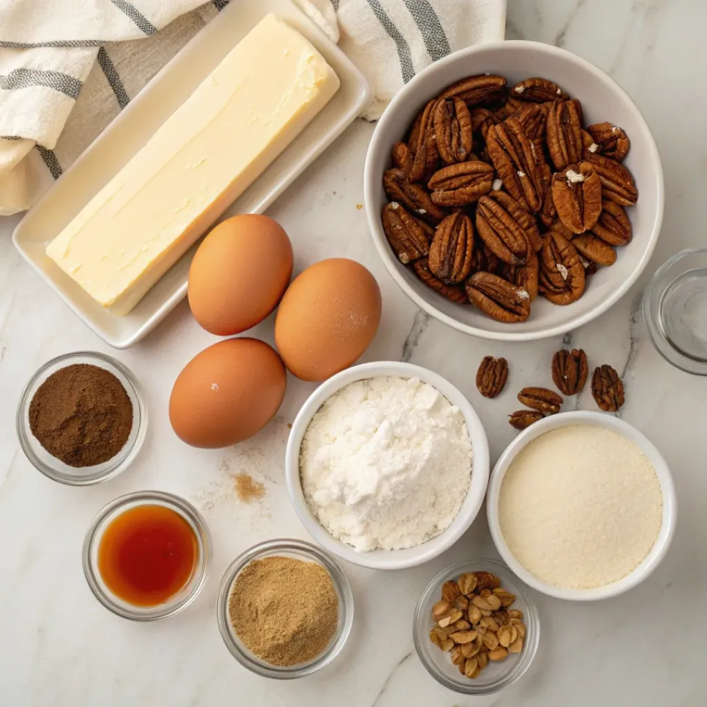 Flat lay of ingredients for butter pecan cookies