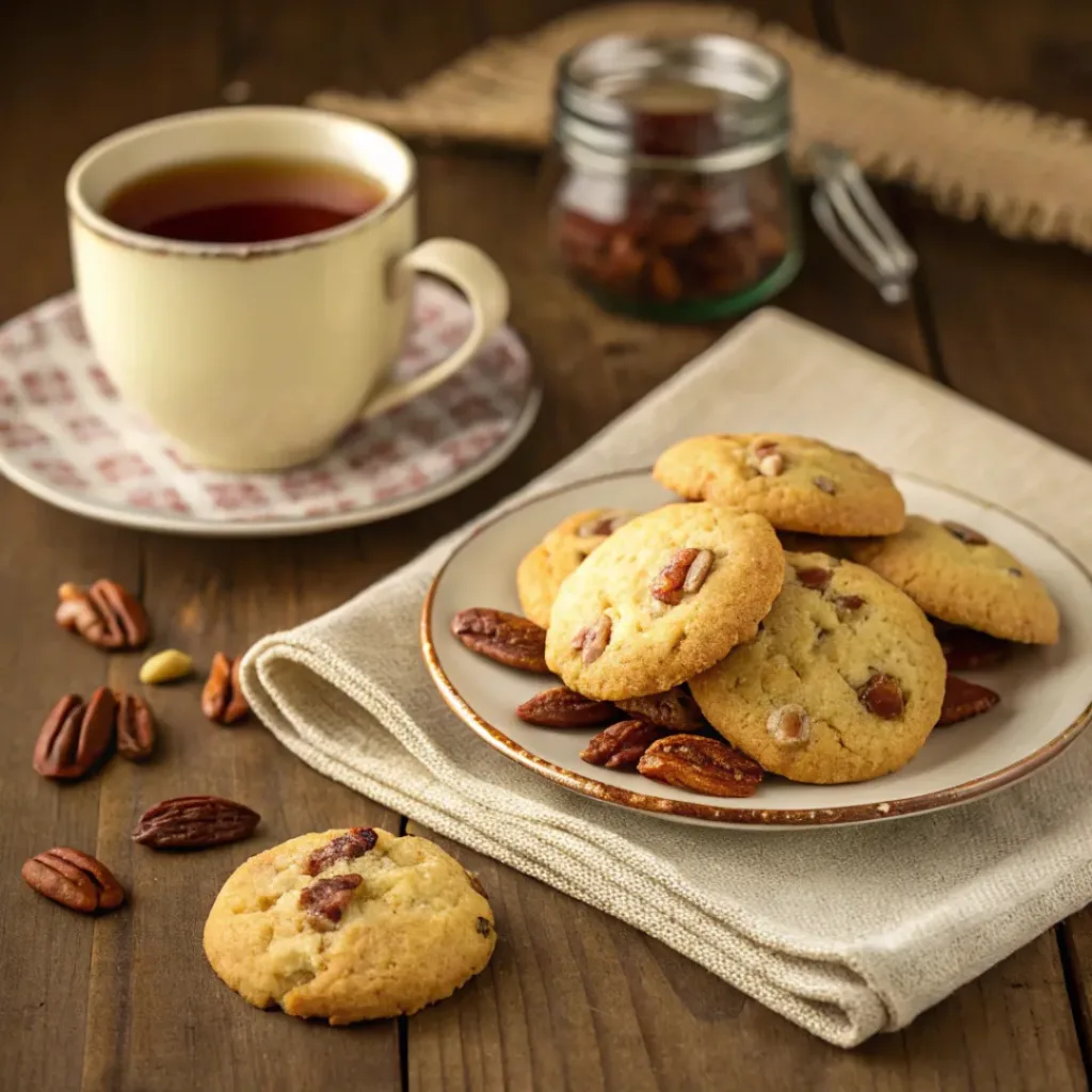 Butter pecan cookies served with tea