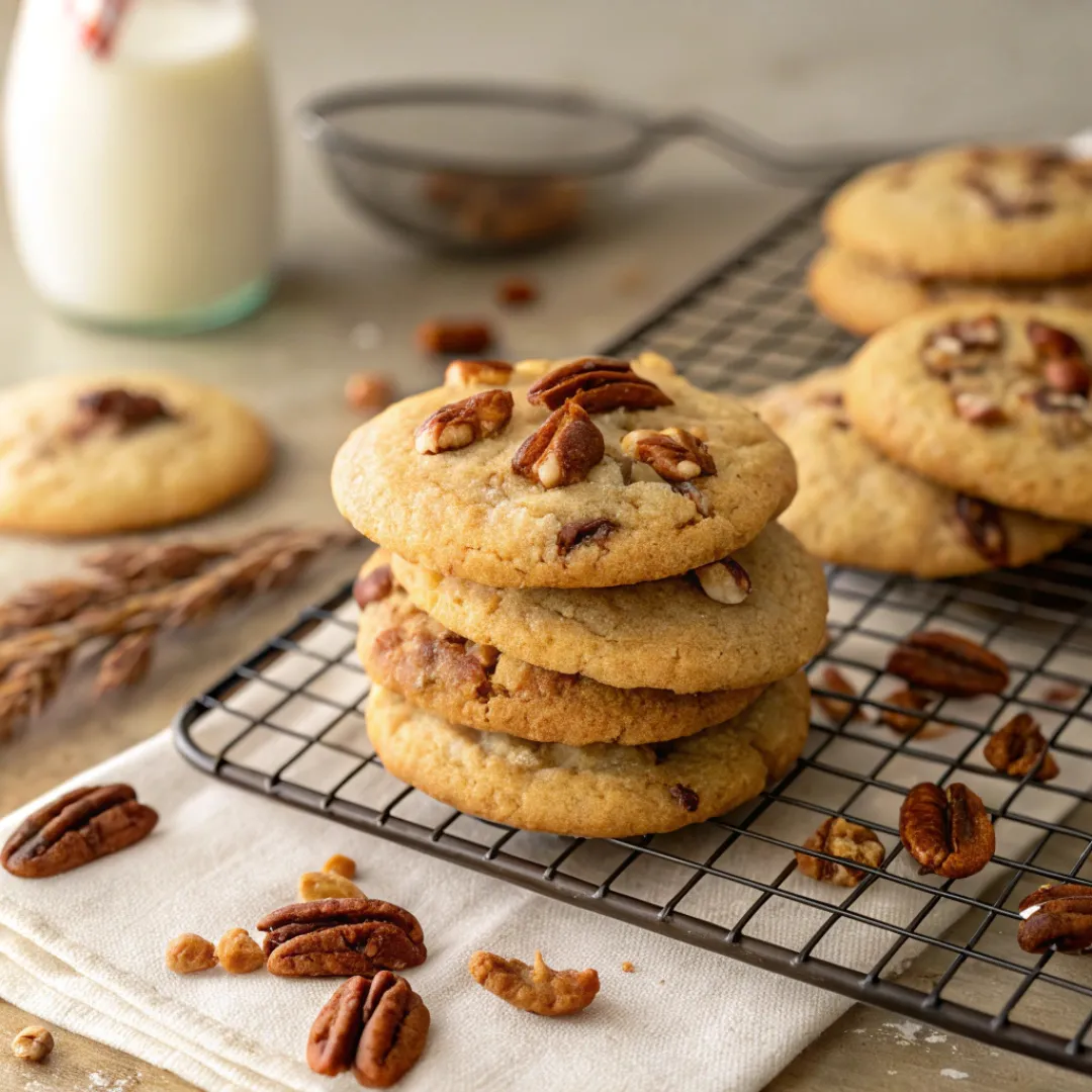 Stack of golden brown butter pecan cookies