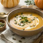 Bowl of creamy butternut squash soup garnished with cream and pumpkin seeds