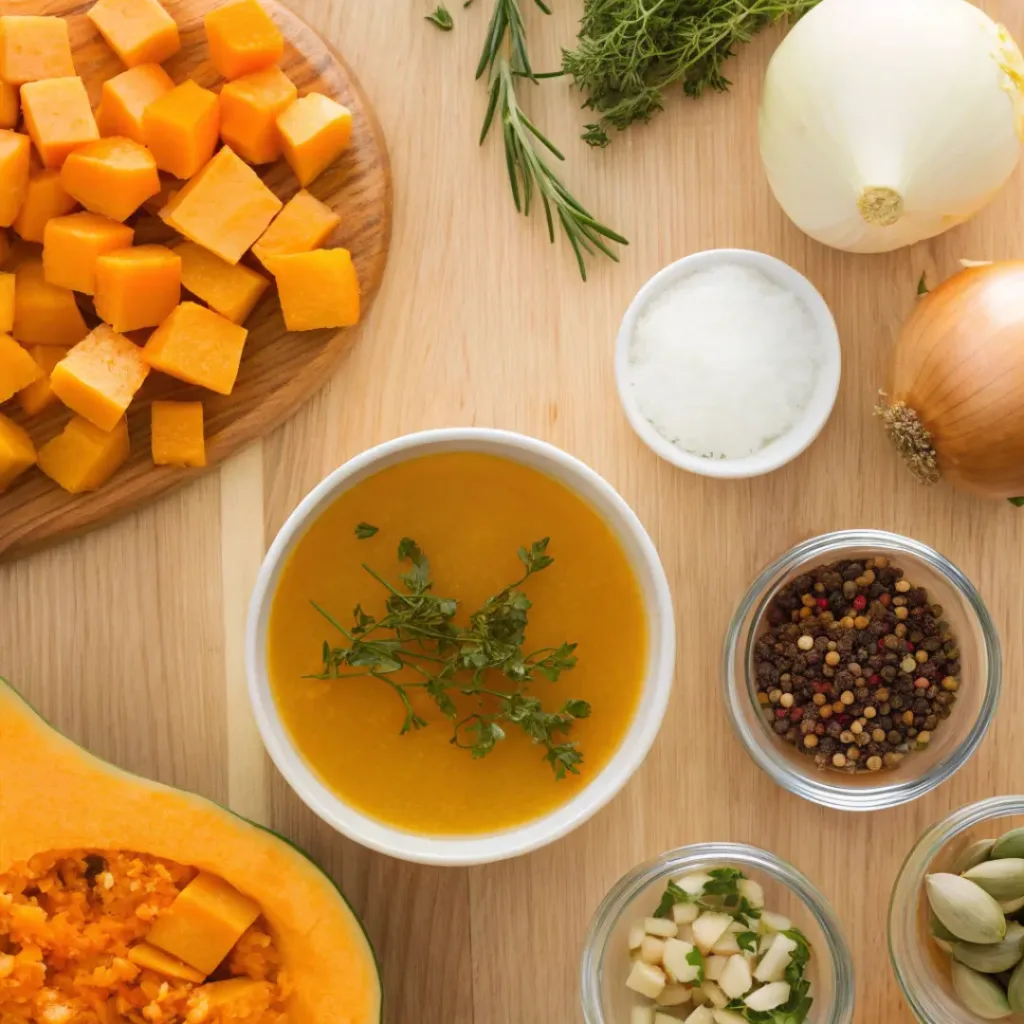 Creamy Butternut Squash Soup 6 Overhead flat lay of ingredients for butternut squash soup