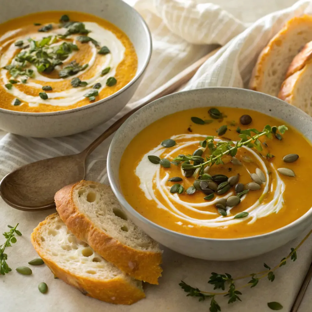 Creamy Butternut Squash Soup 8 Butternut squash soup served with cream, pumpkin seeds, and crusty bread