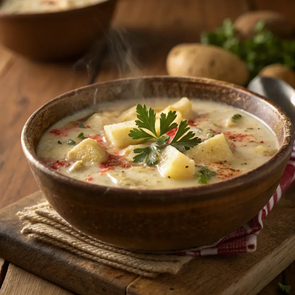 Bowl of creamy Cajun Potato Soup garnished with parsley and smoked paprika