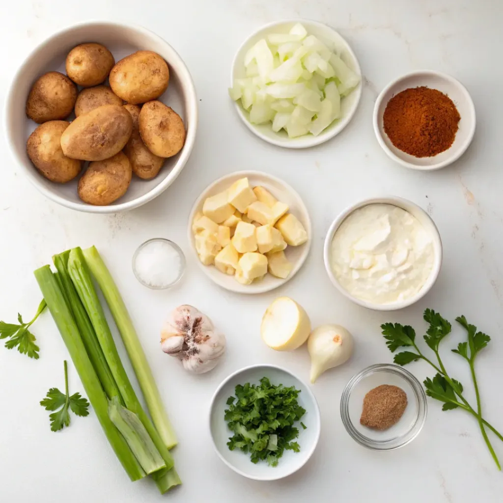 Cajun Potato Soup – Creamy, Spicy Comfort in a Bowl 6 Flat lay of ingredients for Cajun Potato Soup including potatoes, onions, celery, garlic, cream, and spices