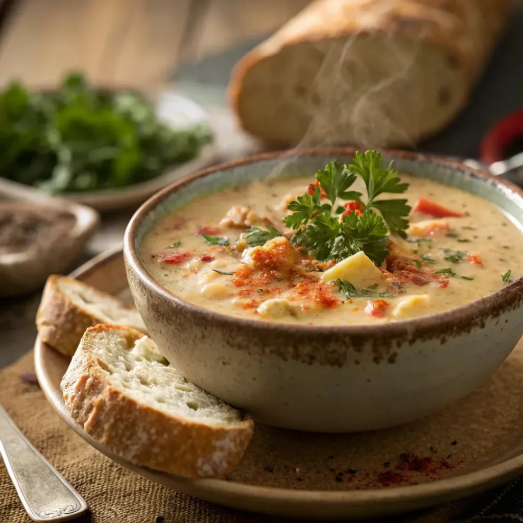 Cajun Potato Soup – Creamy, Spicy Comfort in a Bowl 8 Bowl of Cajun Potato Soup served with crusty bread