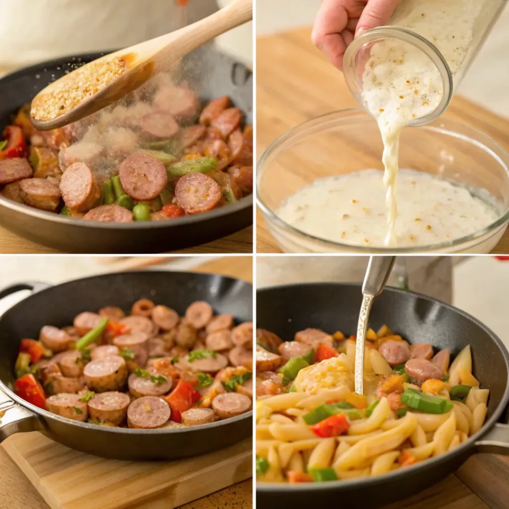 Creamy Cajun Sausage Pasta 7 Collage showing the process of making creamy Cajun sausage pasta