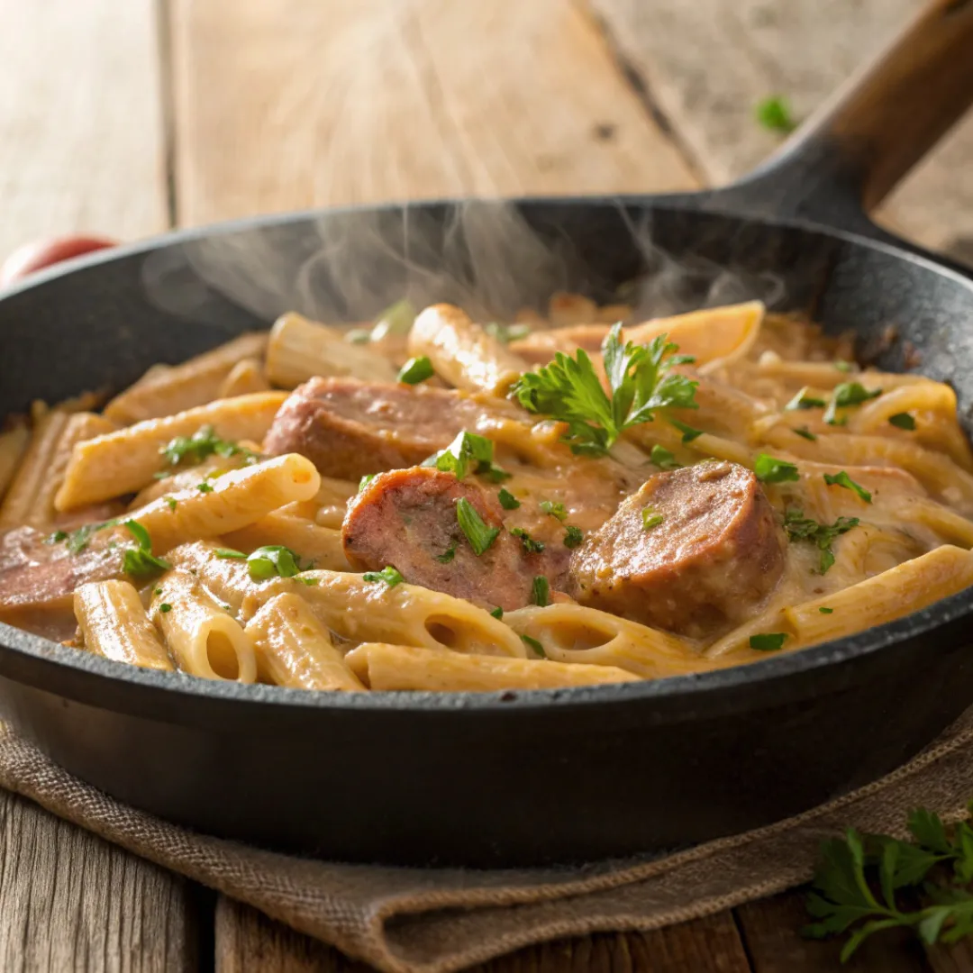 Creamy Cajun sausage pasta in a skillet with parsley garnish