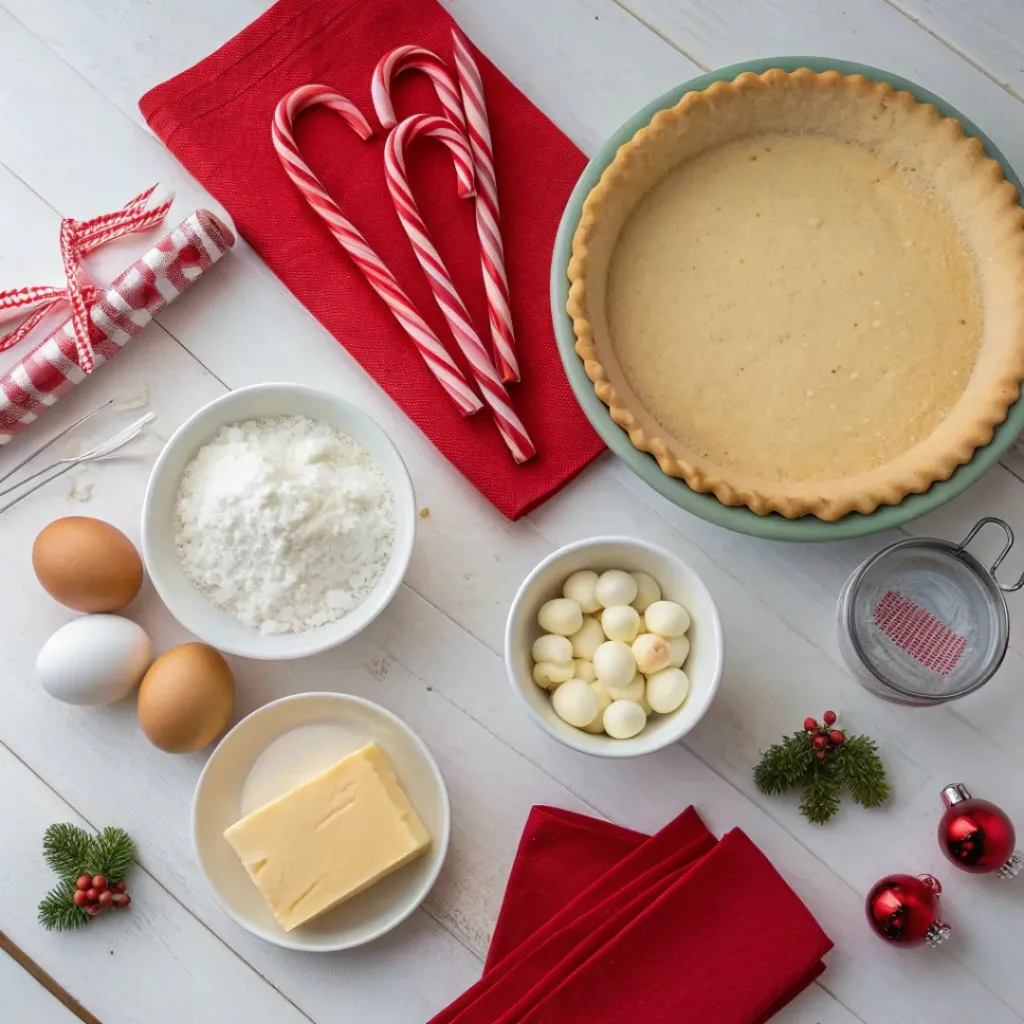 Flat lay of ingredients for making candy cane pie