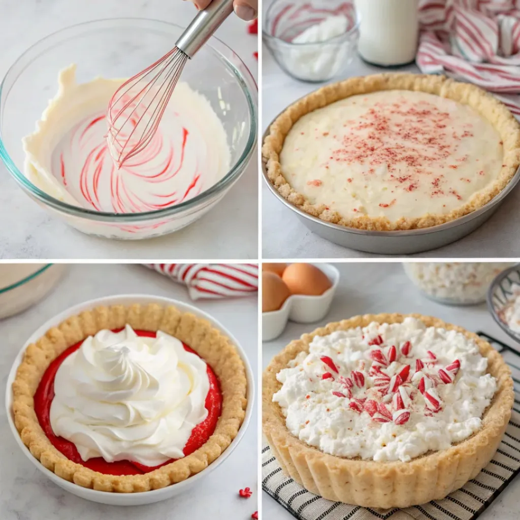 Step-by-step collage showing the process of making candy cane pie