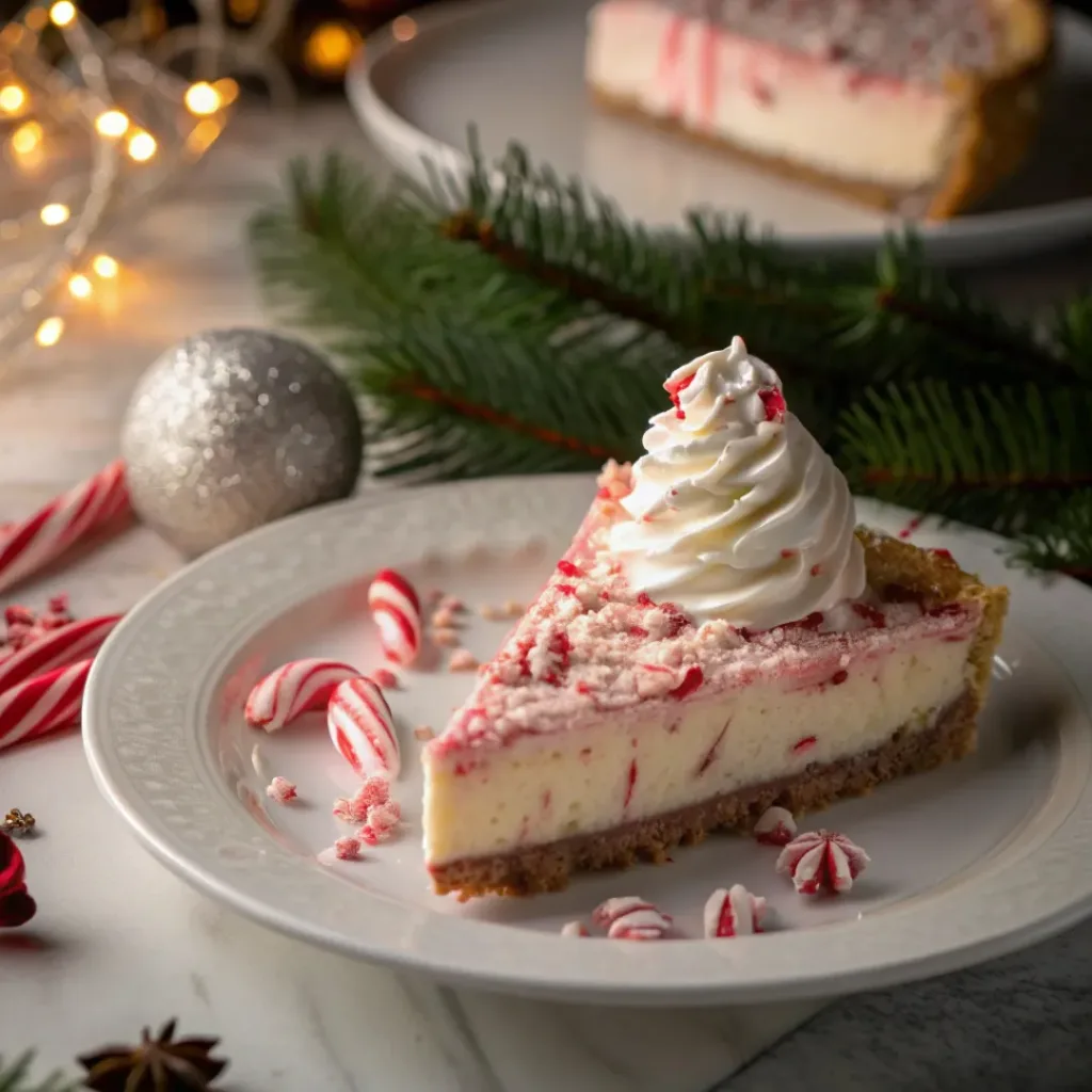 Slice of candy cane pie with whipped cream and crushed candy canes