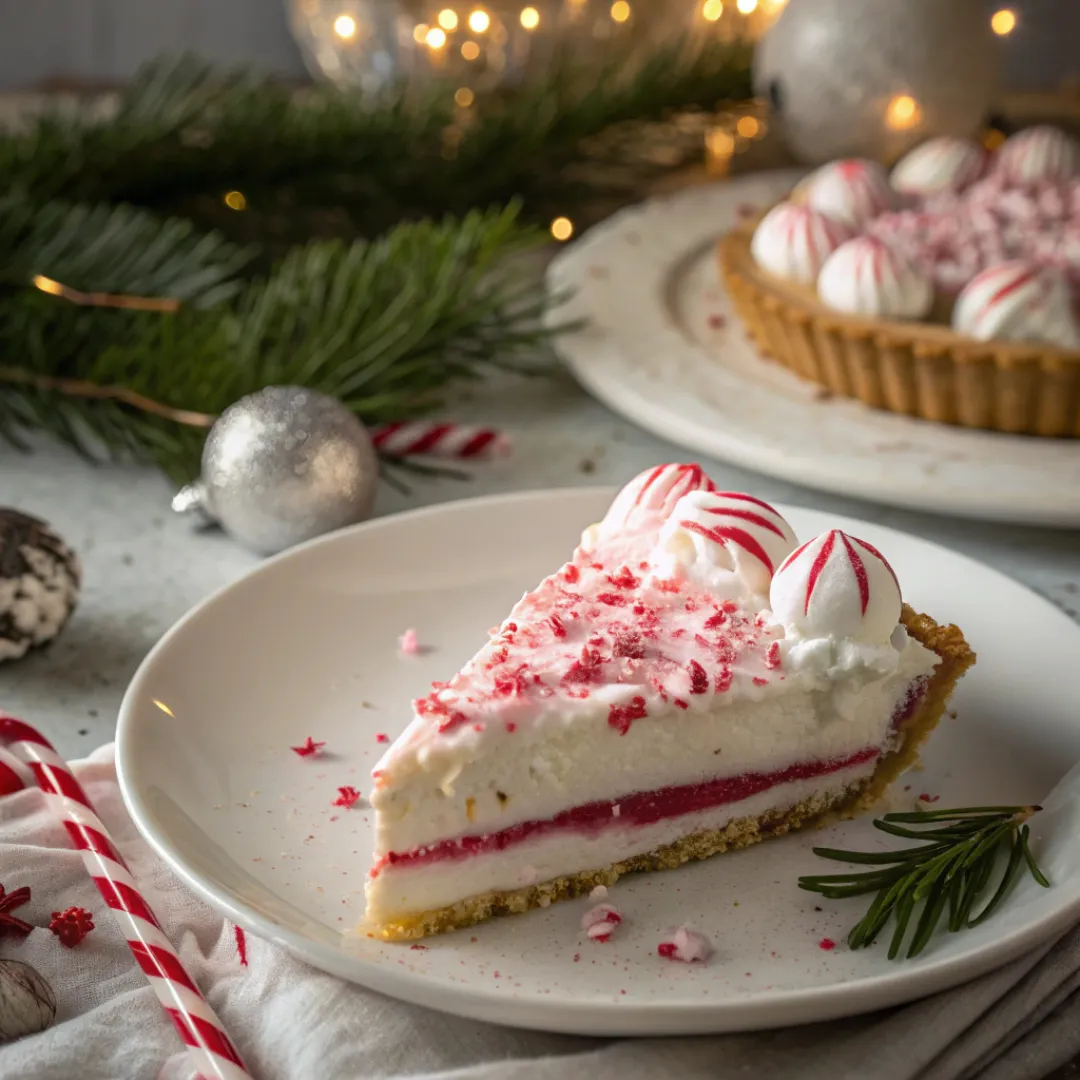 Candy Cane Pie with peppermint cream, whipped cream, and crushed candy canes