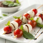 Caprese skewers with cherry tomatoes, basil, mozzarella, and balsamic glaze