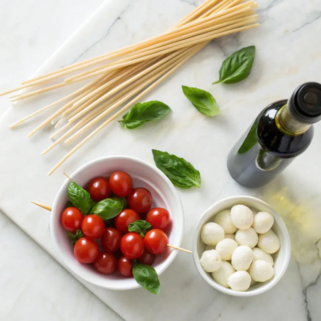 Caprese Skewers with Balsamic Glaze 6 Flat lay of cherry tomatoes, mozzarella balls, basil leaves, and balsamic glaze