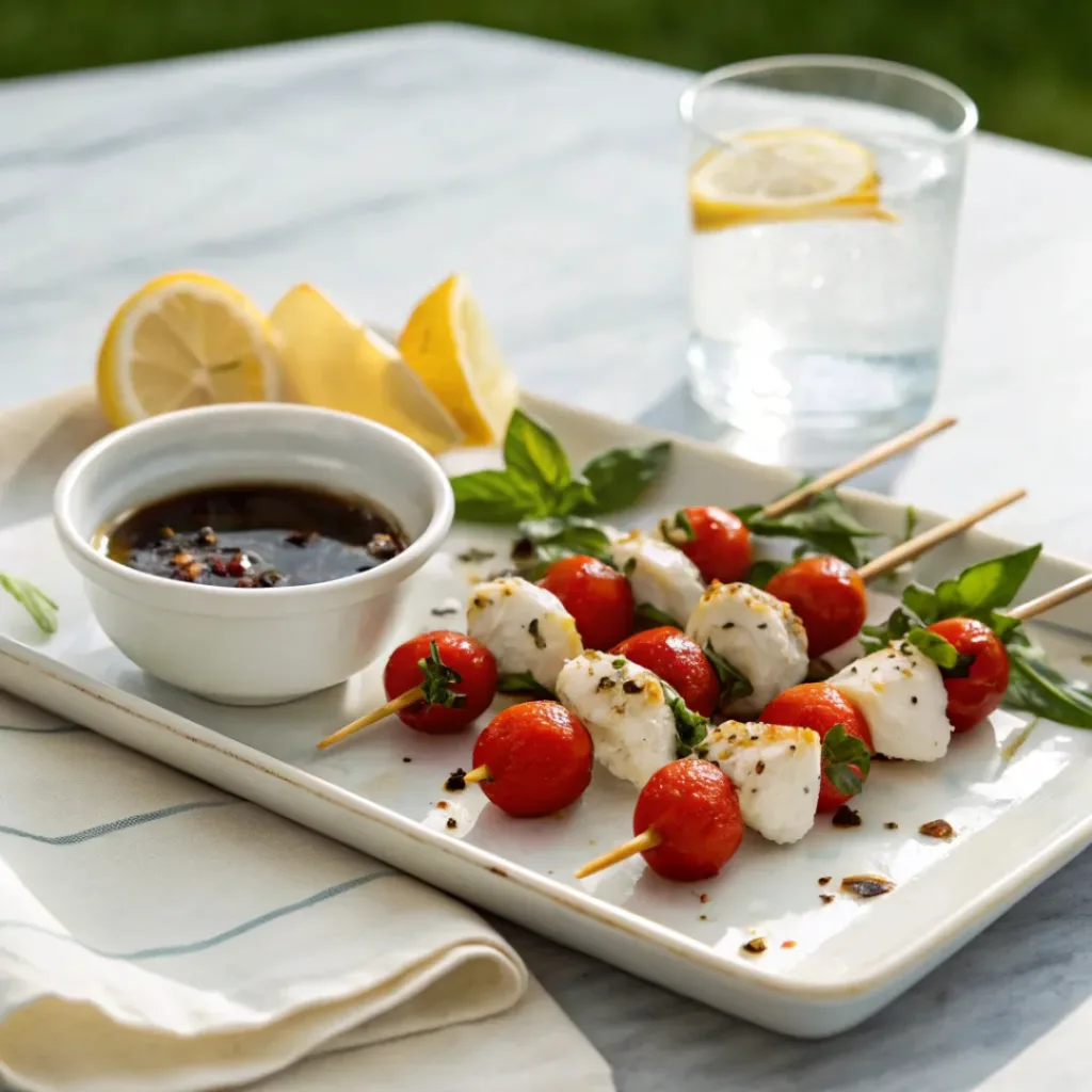 Caprese Skewers with Balsamic Glaze 8 Caprese skewers served with balsamic glaze and refreshing drink