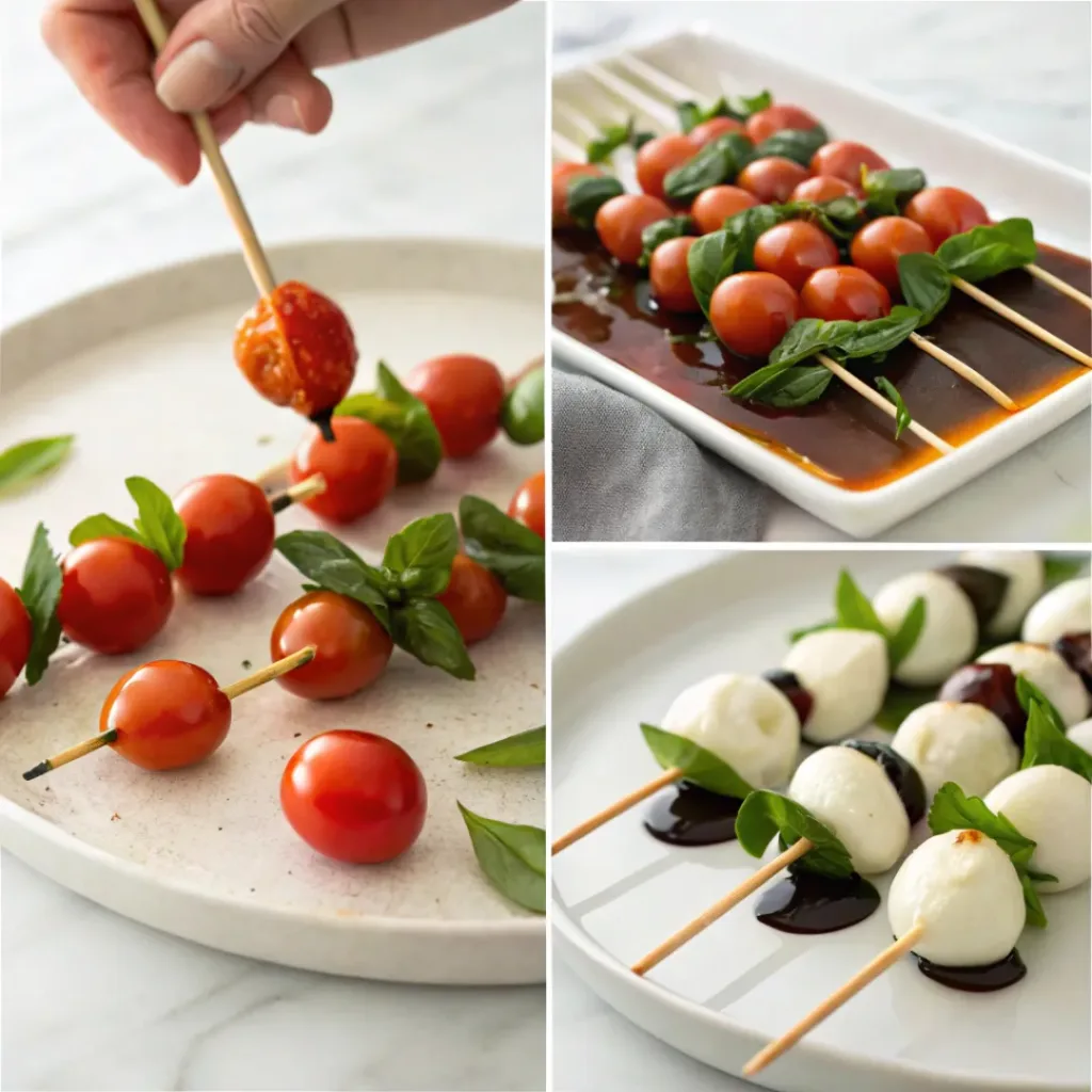 Caprese Skewers with Balsamic Glaze 7 Collage showing the process of assembling Caprese skewers and drizzling with balsamic glaze