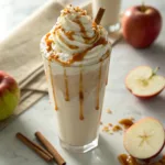 Creamy caramel apple pie milkshake with whipped cream and caramel drizzle