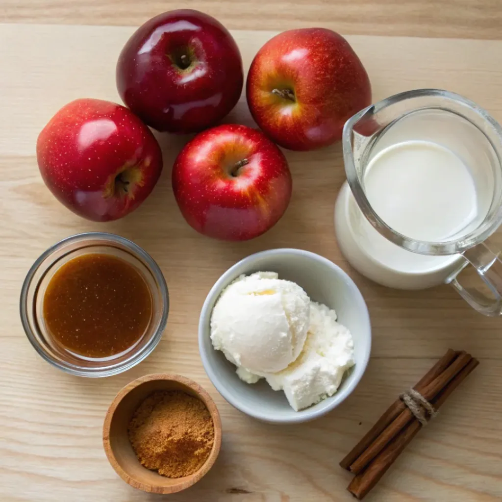 Flat lay of apples, caramel, ice cream, milk, whipped cream, and spices
