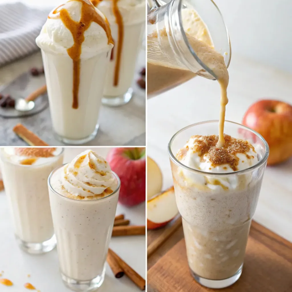 Step-by-step collage showing preparation of caramel apple pie milkshake